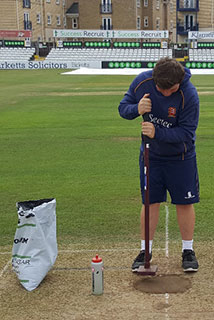 Groundsman at Essex County Cricket Club repairing foot hole on a cricket pitch